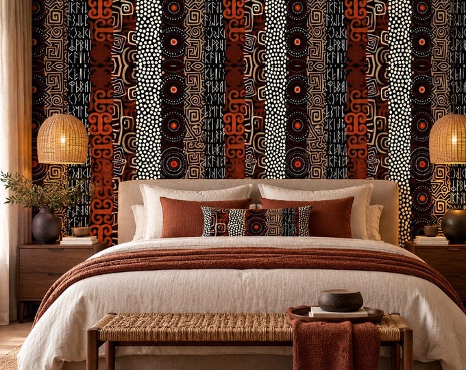 African Tribal Stripe Wallpaper | Brown Black Ethnic Wall Mural | Boho Geometric Pattern Wallpaper | Afrocentric Feature Wall