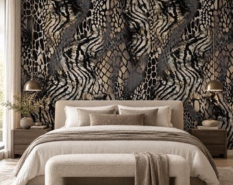 Urban Animal Fusion Print Wallpaper Mural | Zebra Snake Abstract Wall Mural | Luxury Monochrome Pattern Wallpaper
