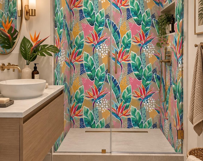 Tropical Birds of Paradise Shower Panel, Colourful Botanical Waterproof Wall Panel