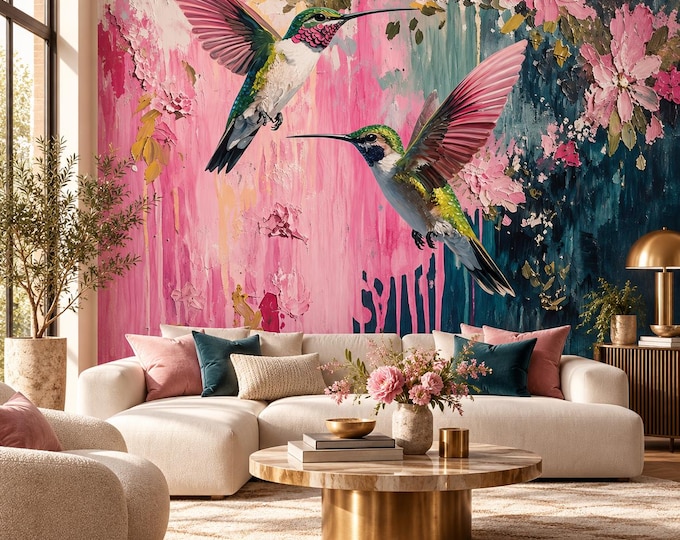 Hummingbird Wallpaper | Pink Floral Bird Wall Mural | Colourful Botanical Wallpaper