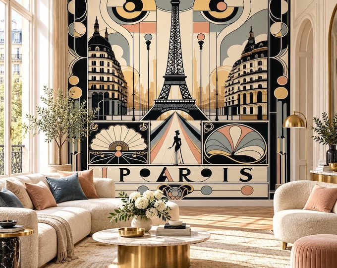 Paris Art Deco Wallpaper | Eiffel Tower Wall Mural | Vintage French Travel Wallpaper