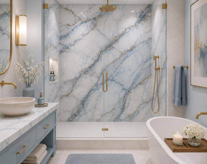 Arctic Luxe Marble Tile Shower Panel 48" x 96", Waterproof Bathroom Cladding, Modern Tile Alternative