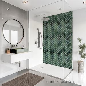 Luxury Green Herringbone Shower Panel – Waterproof Bathroom Wall Cladding, Grout-Free Tile Look