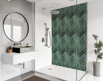 Luxury Green Herringbone Shower Panel – Waterproof Bathroom Wall Cladding, Grout-Free Tile Look