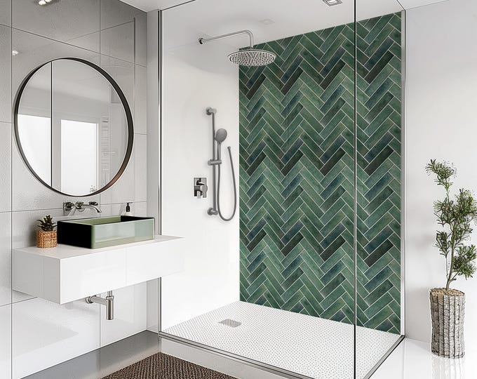 Luxury Green Herringbone Shower Panel – Waterproof Bathroom Wall Cladding, Grout-Free Tile Look