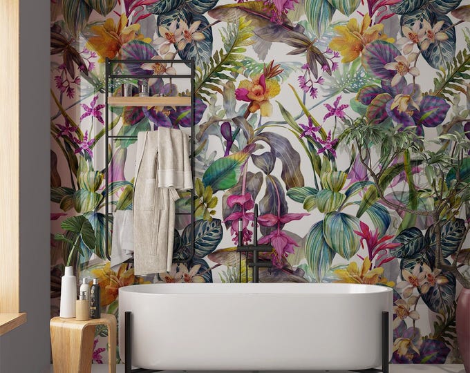 Floral Dream White Tropical Wallpaper, Botanical Jungle Wall Mural, Orchid Leaf Maximalist Floral