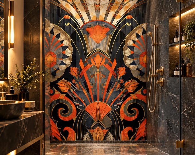 Art Deco Floral Shower Panel – Black, Orange & Gold Geometric Bathroom Wall Panel, Vintage Gatsby Waterproof Shower Wall