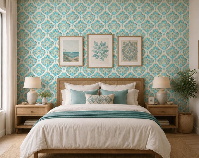 Arabic Tile Effect Wallpaper | Teal and Gold Moroccan Pattern - Custom Sized Wallpaper