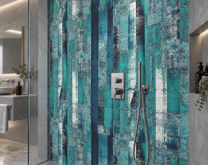 Teal Navy Abstract Shower Wall Panel, Waterproof ACM Bathroom Feature Wall (Grout-Free)