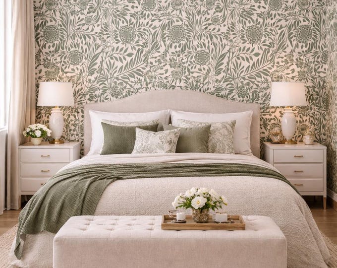 Sage Green William Morris Wallpaper Mural – Botanical Cottagecore Decor