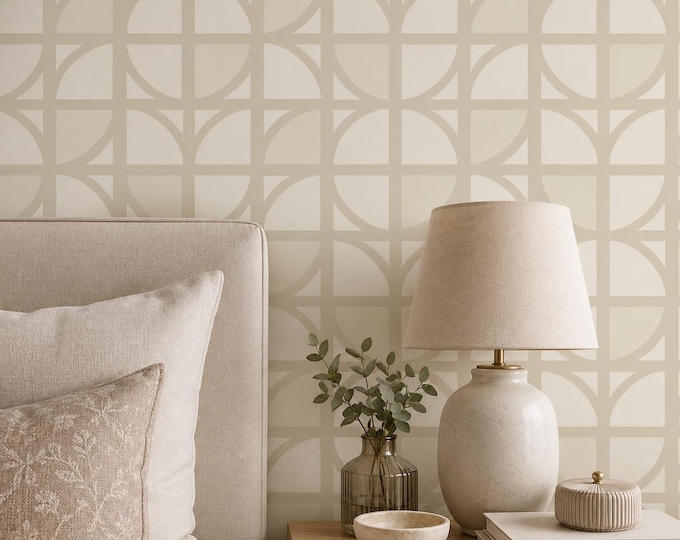Modern Solace Geometric Wallpaper, Cream Beige Circle Pattern, Mid-Century Modern Japandi Wall Decor