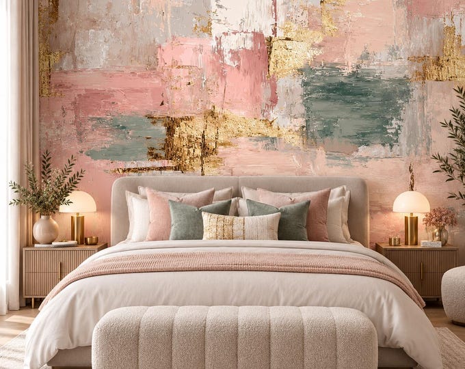 Blush Pink Abstract Wallpaper | Gold & Sage Modern Wall Mural | Luxury Textured Art Wallpaper