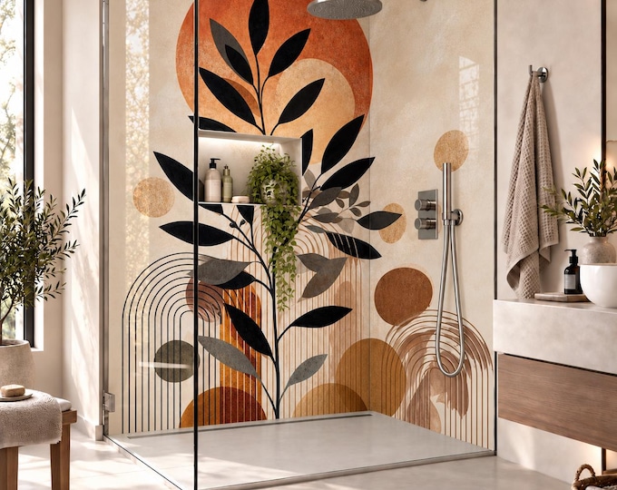 Boho Botanical Arches Shower Panel – Terracotta Beige Leaf Bathroom Wall Panel – Mid Century Waterproof Shower Splashback