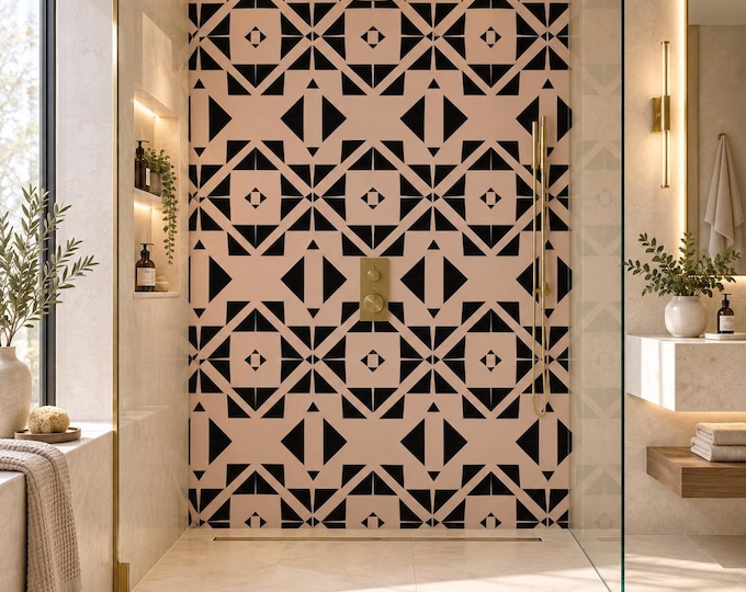 Blush Aztec Geometric Shower Panel, Black Pink Art Deco Bathroom Wall (Waterproof)