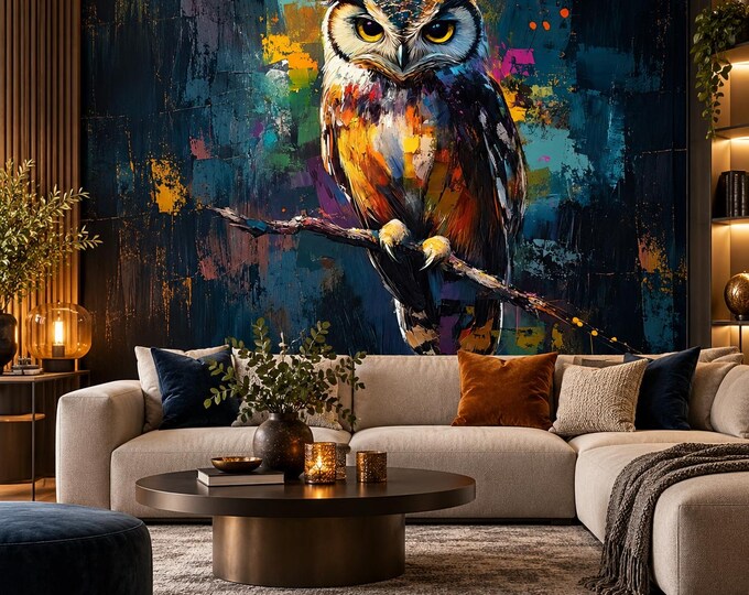 Colourful Owl Wallpaper | Abstract Bird Wall Mural | Dark Moody Animal Wallpaper