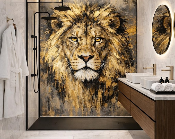 Lion Shower Panel, Waterproof Bathroom Feature Wall, Gold Tone ACM Wall Art