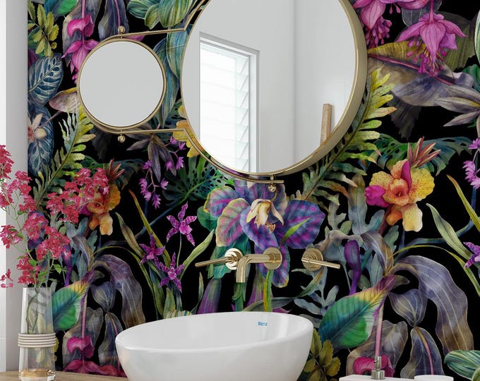 Dark Tropical Floral Wallpaper, Maximalist Orchid Botanical Wall Mural (Peel and Stick)