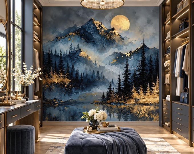 Golden Moonlit Mountain Forest Wallpaper | Blue & Gold Forest Wall Mural | Misty Landscape Wallpaper