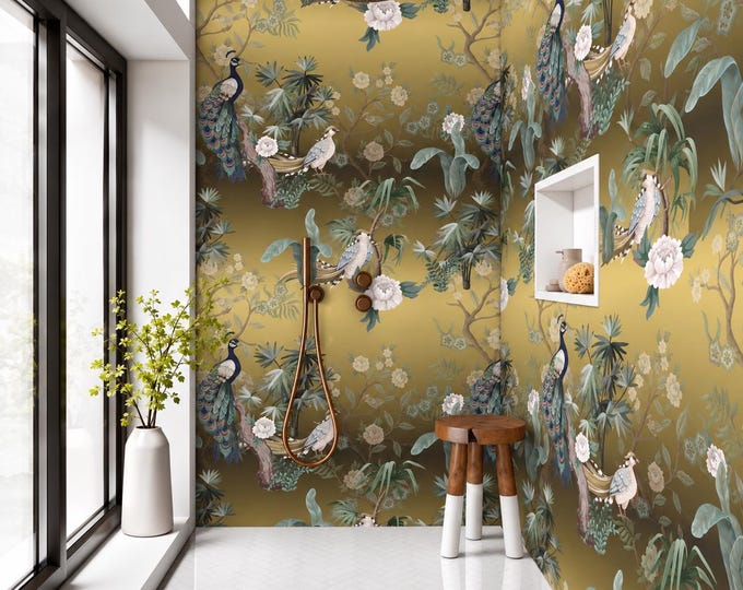Golden Birds Shower Panel, Peacock Wall Mural, Waterproof Chinoiserie Bathroom Decor