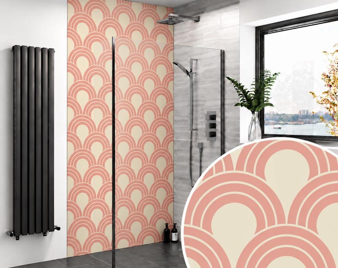 Blush Pink Scallop Shower Wall Panel – Retro Geometric Arch Waterproof Bathroom Panel – Soft Peach Boho Bath & Shower Wall