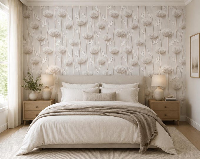 Neutral Botanical Dandelion Wallpaper | 3D Floral Wall Mural