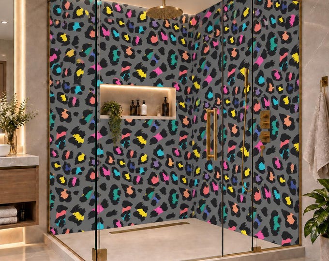 Neon Leopard Print Shower Panel, Waterproof Bathroom Wall Feature (Custom Size)
