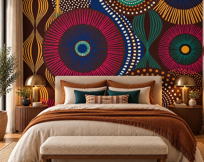 African Dot Art Wallpaper | Colourful Tribal Circle Wall Mural | Afrocentric Geometric Wallpaper