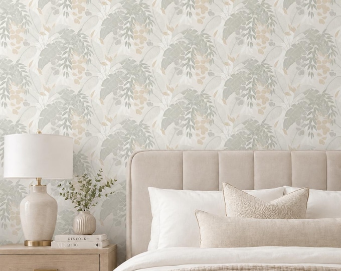 Palm Serenade Tropical Wallpaper, Sage Green Palm Leaves, Neutral Coastal Decor