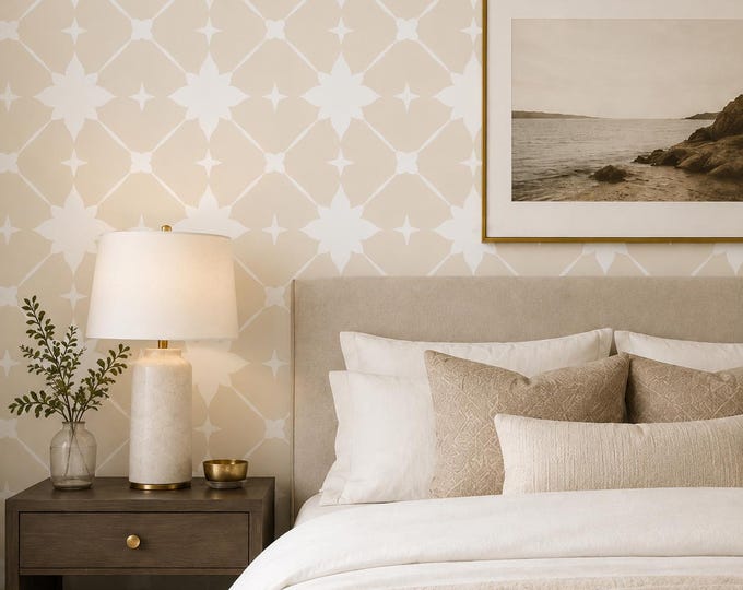 Sahara Fleur Beige Geometric Floral Wallpaper, Moroccan Tile Pattern, Neutral Bedroom Decor