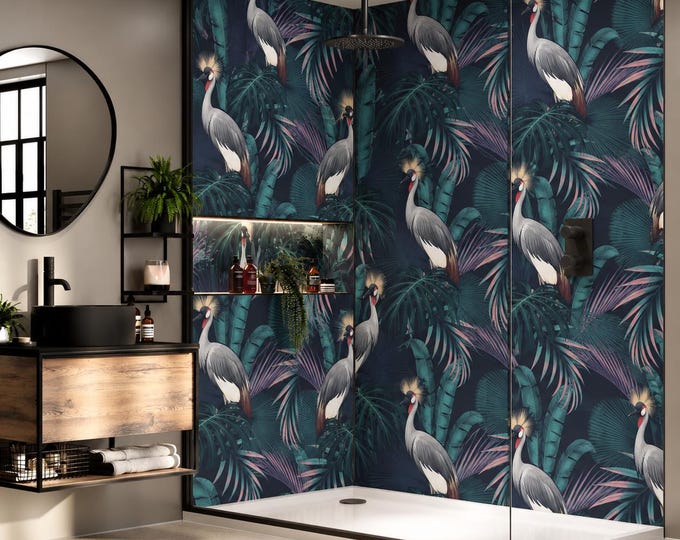 Japanese Crane Botanical Shower Panel, Navy Chinoiserie Bathroom Wall Decor