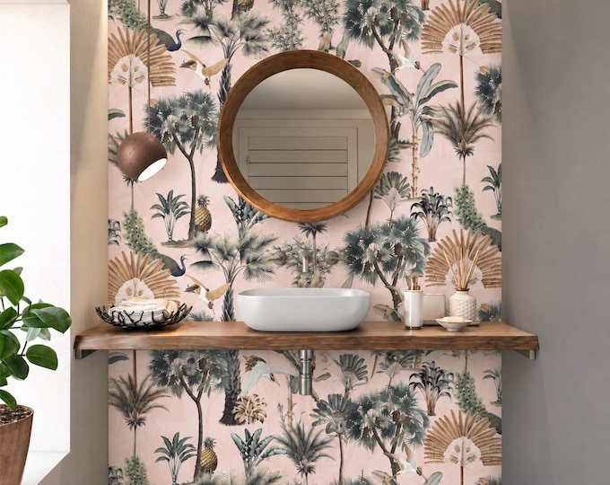 Exotic Palm Tree Shower Wall Panel, Pink Bathroom Cladding, Waterproof Tile Alternative (48" x 96")