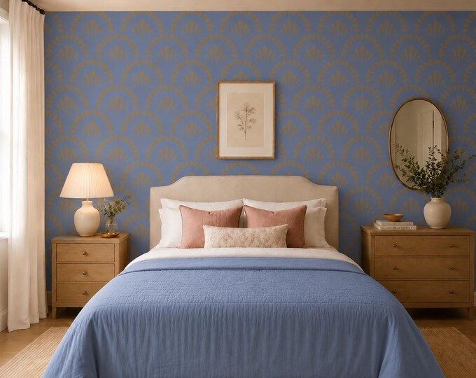 Art Deco Fan Geometric Wallpaper Mural, Dark Blue Gold Peel and Stick