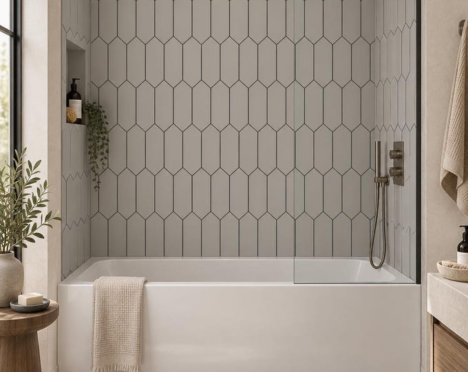 Elongated Hexagon Cloud Grey Shower Panel 48" x 96", Waterproof Bathroom Cladding, Modern Tile Alternative