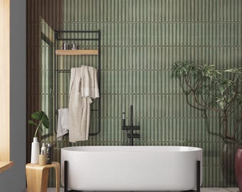 Sage Green Linear Tile Effect Shower Panel, Waterproof Modern Bathroom Wall Cladding