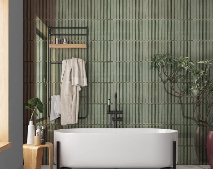 Sage Green Linear Tile Effect Shower Panel, Waterproof Modern Bathroom Wall Cladding