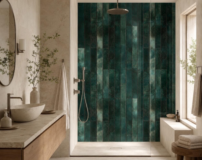 Jade Green Vertical Tile Shower Panel, Waterproof Bathroom Cladding, Grout-Free Alternative