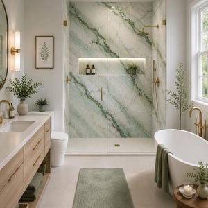 May include: A modern bathroom with a marble shower, a white bathtub, and a wooden vanity. The shower features a glass door and gold fixtures. A green rug and towels add color to the neutral space. A framed botanical print hangs on the wall.