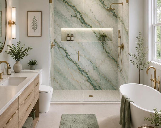 Jade Green Gold Marble Shower Panel, Waterproof Bathroom Cladding, Tile Alternative