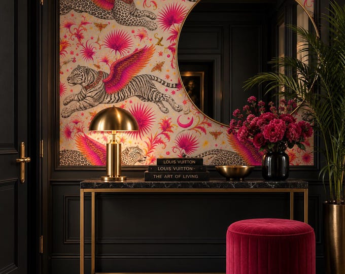Winged Tiger Wallpaper, Neon Pink Leopard & Celestial Jungle, Whimsical Maximalist Wall Decor