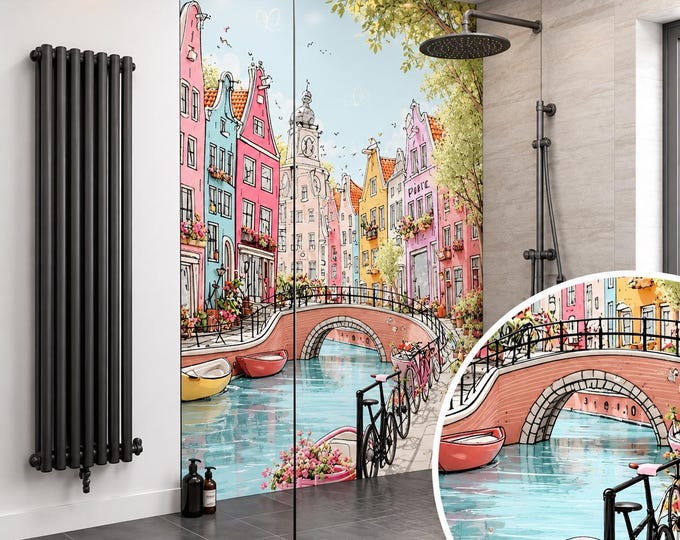 Amsterdam Canal Shower Panel – Colourful Dutch Houses Bathroom Wall Panel – Whimsical Cityscape Waterproof Shower Splashback