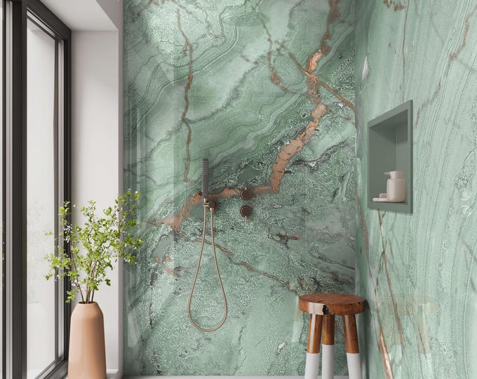 Green Marble Tile Shower Panel 48" x 96", Waterproof Bathroom Cladding, Modern Tile Alternative