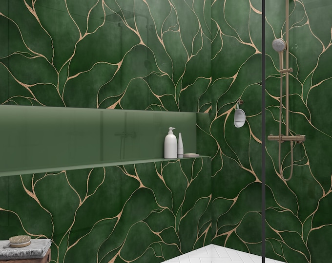 Kintsugi Green Shower Panel, Custom Made Waterproof ACM Feature Wall, Grout-Free Luxury Bathroom Cladding