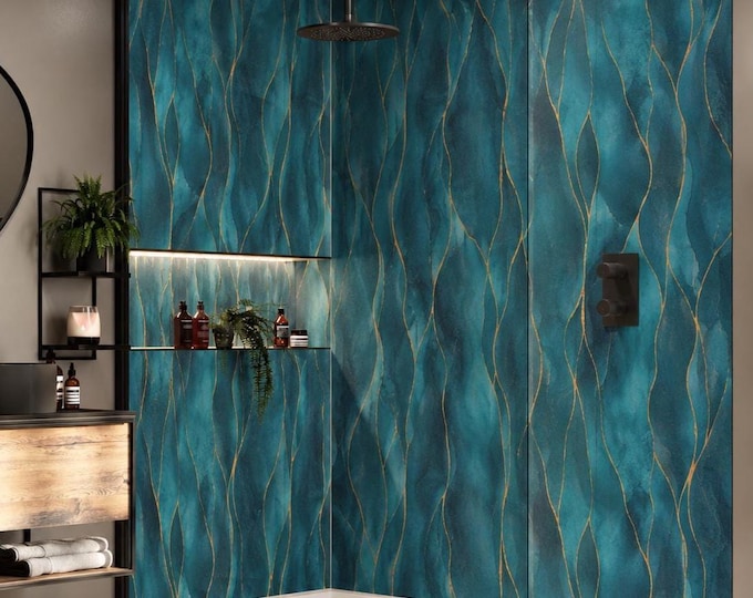 Turquoise Kintsugi Shower Panel, Teal & Gold Waterproof Wall Panel, Luxury Abstract Bathroom Decor