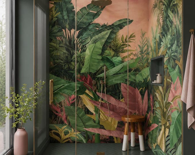 Botanical Jungle Pink Shower Panel, Waterproof Bathroom Cladding, Modern Tile Alternative