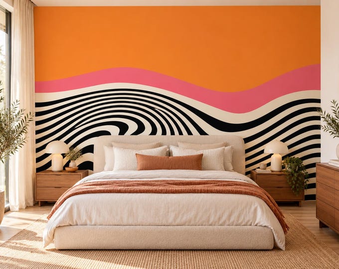 Retro Wave Wallpaper Mural | Orange Pink Black Abstract Wall Art | Optical Illusion Wallpaper