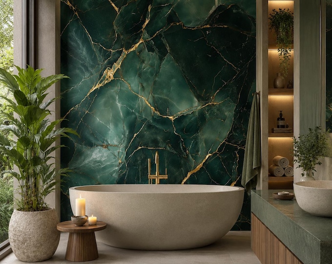 Emerald Green Gold Marble Shower Panel, Waterproof Bathroom Cladding (48" x 96")