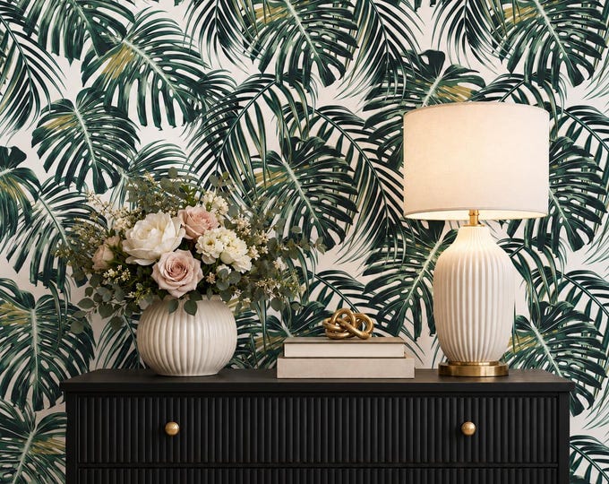 Green Tropical Monstera Leaf Wallpaper, Botanical Palm Wall Mural (Peel and Stick)