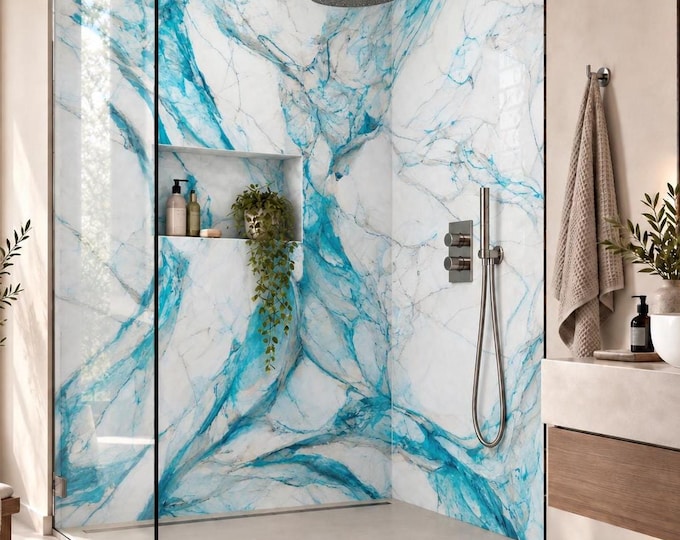 Arctic Blue Marble Shower Wall Panel – Grout-Free Waterproof Bathroom Cladding