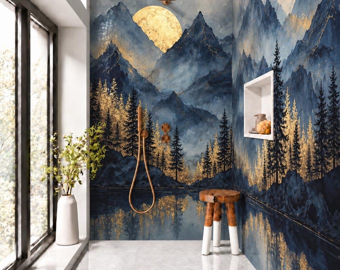 Golden Moon Mountain Shower Panel, Navy Blue & Gold Landscape Bathroom Wall Panel, Mystical Forest Waterproof Shower Wall