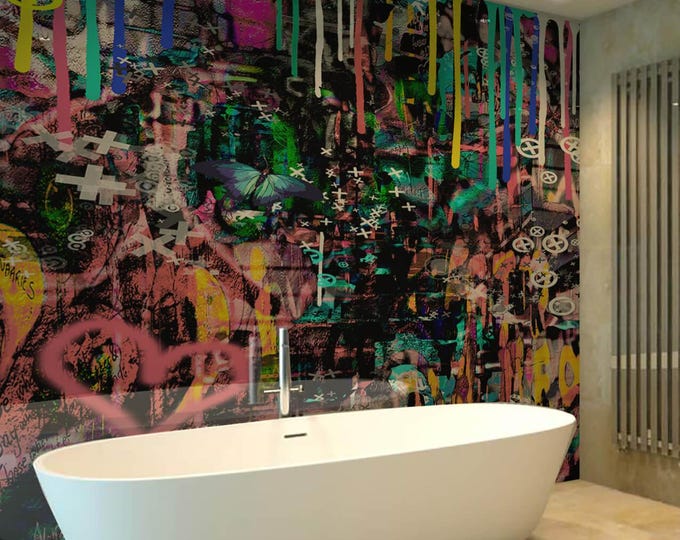 Graffiti Pop Art Shower Wall Panel, Custom Size Waterproof Bathroom Cladding, Grout-Free Tile Alternative